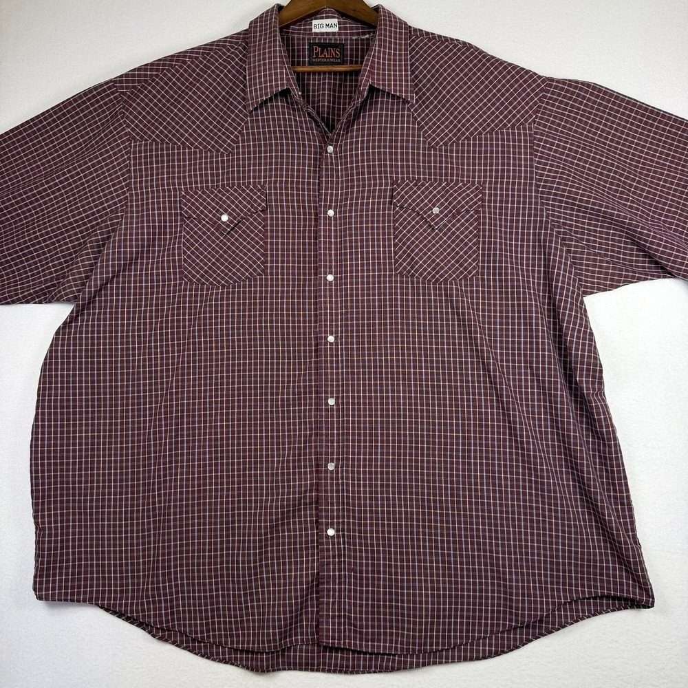 Plains Western Wear Mens 3X Big Man Pearl Snap Shirt Burgundy Plaid Long Sleeve